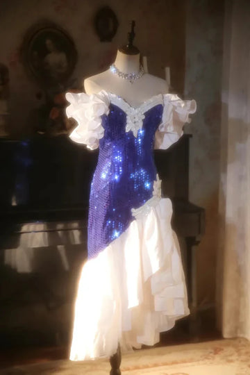 Shiny Mermaid Off the Shoulder Royal Blue Sequin Prom Dress Party Dress HZ1023